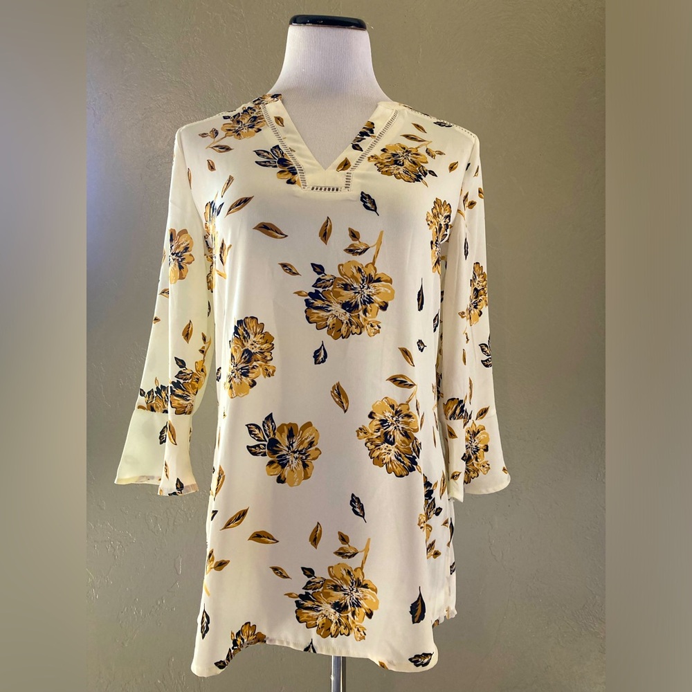 Ivory, Black and Tan V Neck Floral Print Blouse by Maurices